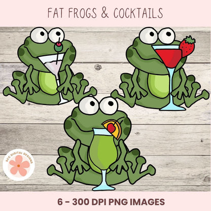 Cartoon frogs with drinks on a wooden background, labeled 'Fat Frogs & Cocktails'.