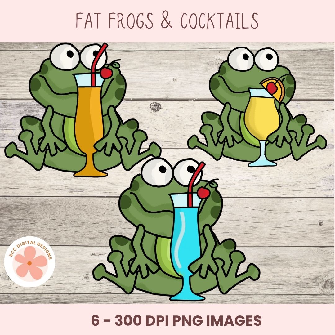 Cartoon frogs with drinks on a wooden background, labeled 'Fat Frogs & Cocktails'.