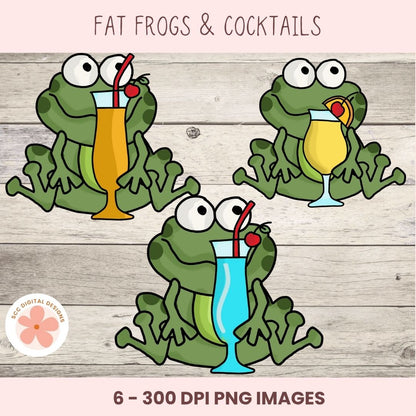 Cartoon frogs with drinks on a wooden background, labeled 'Fat Frogs & Cocktails'.