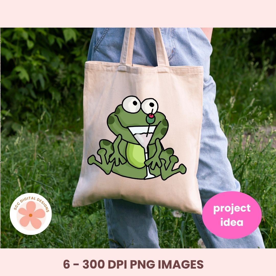Tote bag with a cartoon frog design held by a person outdoors