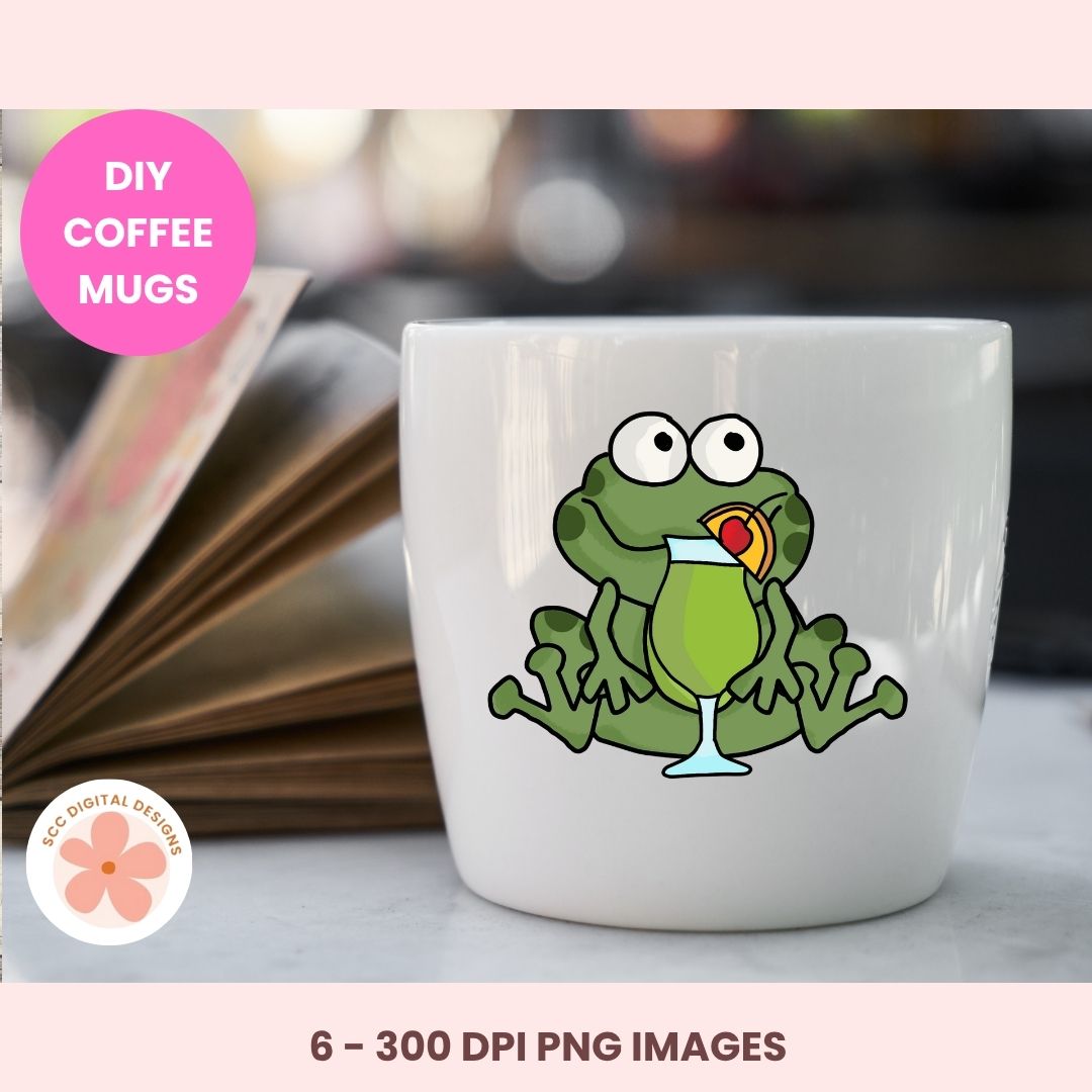 White coffee mug with a cartoon frog design holding a glass, on a blurred background with 'DIY Coffee Mugs' text.