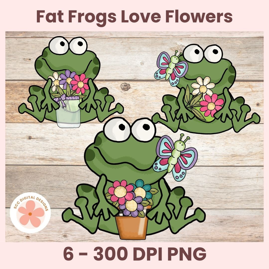 Cartoon frogs with flowers and butterflies on a wooden background, featuring the text 'Fat Frogs Love Flowers'.