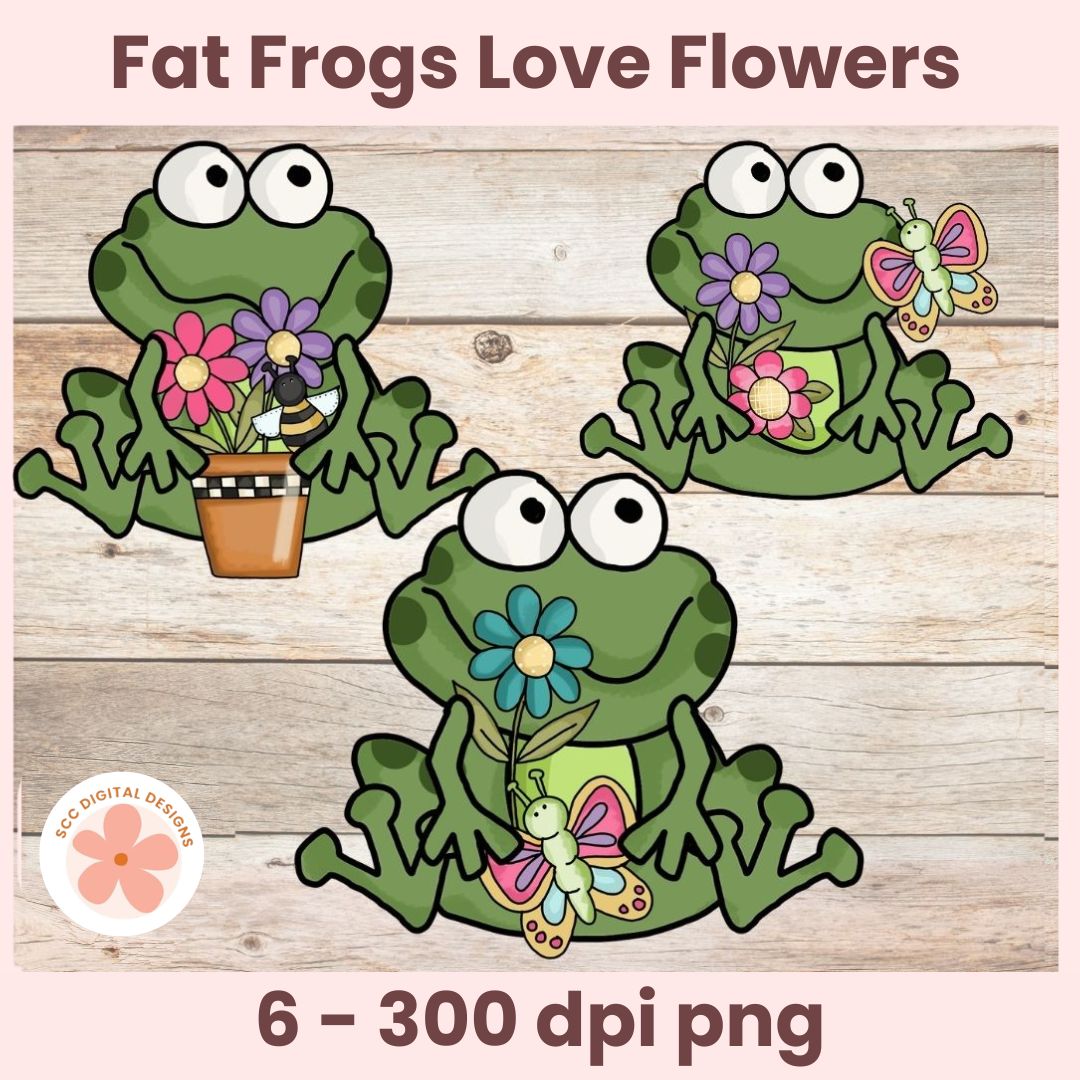 Funny Frog Clipart Bundle, Cute Chubby Frogs with Spring Flowers PNG, Whimsical Toad Clip Art for Scrapbooking, Junk Journals & Crafts