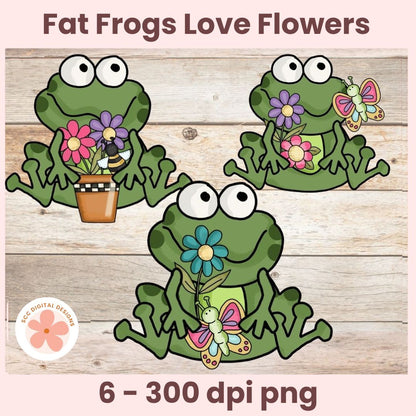Funny Frog Clipart Bundle, Cute Chubby Frogs with Spring Flowers PNG, Whimsical Toad Clip Art for Scrapbooking, Junk Journals & Crafts