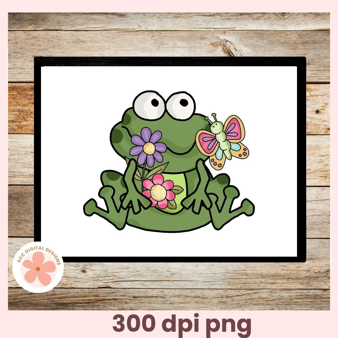 Cartoon frog with flowers and a butterfly on a wooden background