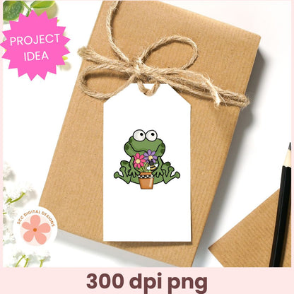 Gift box with a cartoon frog tag on a white background