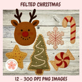 Felt Christmas decorations including a reindeer, tree, star, snowflake, candy cane, and peppermint on a wooden background.