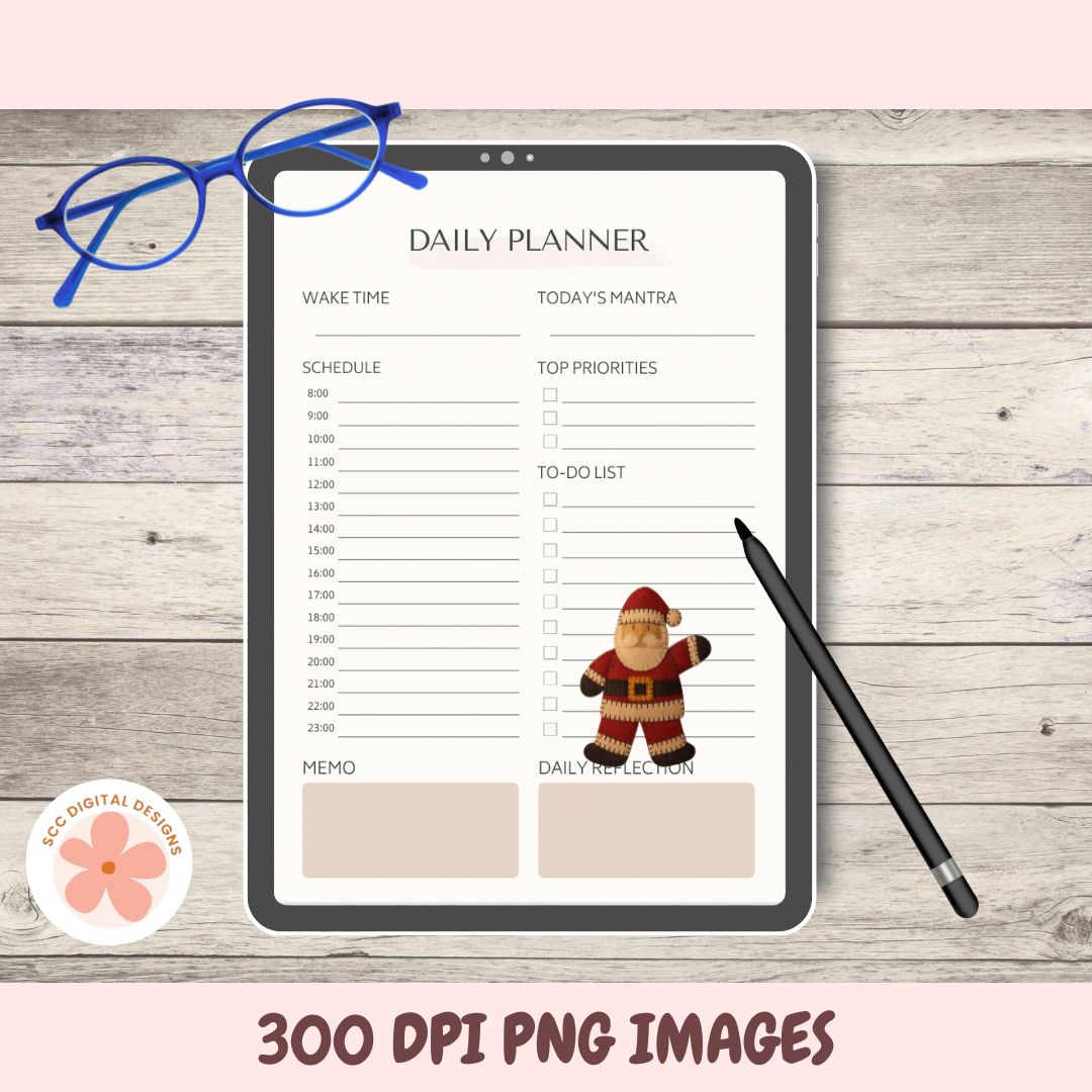Daily planner on a tablet with a pen and glasses on a wooden surface, featuring '300 DPI PNG IMAGES' text.