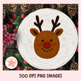 Decorative plate with a reindeer face design on a Christmas-themed background with pine cones and berries.