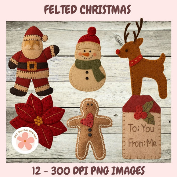 Set of felt Christmas decorations including Santa, snowman, reindeer, poinsettia, gingerbread man, and house on a wooden background.