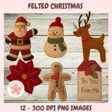 Set of felt Christmas decorations including Santa, snowman, reindeer, poinsettia, gingerbread man, and house on a wooden background.
