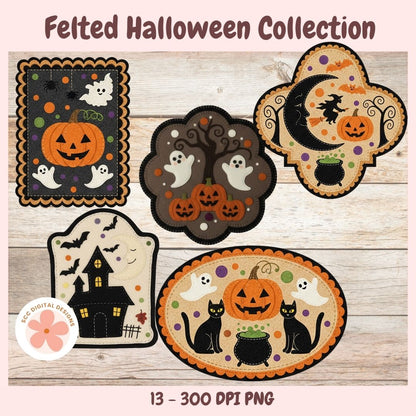 A digital preview collage for a 'Felted Halloween Collection' featuring five different Halloween-themed felt patch designs on a light wood background. The designs include a rectangular patch with a pumpkin, ghosts, and spiders; a cloud-shaped patch with pumpkins, ghosts, and a tree; a house-shaped patch with a haunted house and bats; and an oval patch with a pumpkin, cats, and a cauldron.