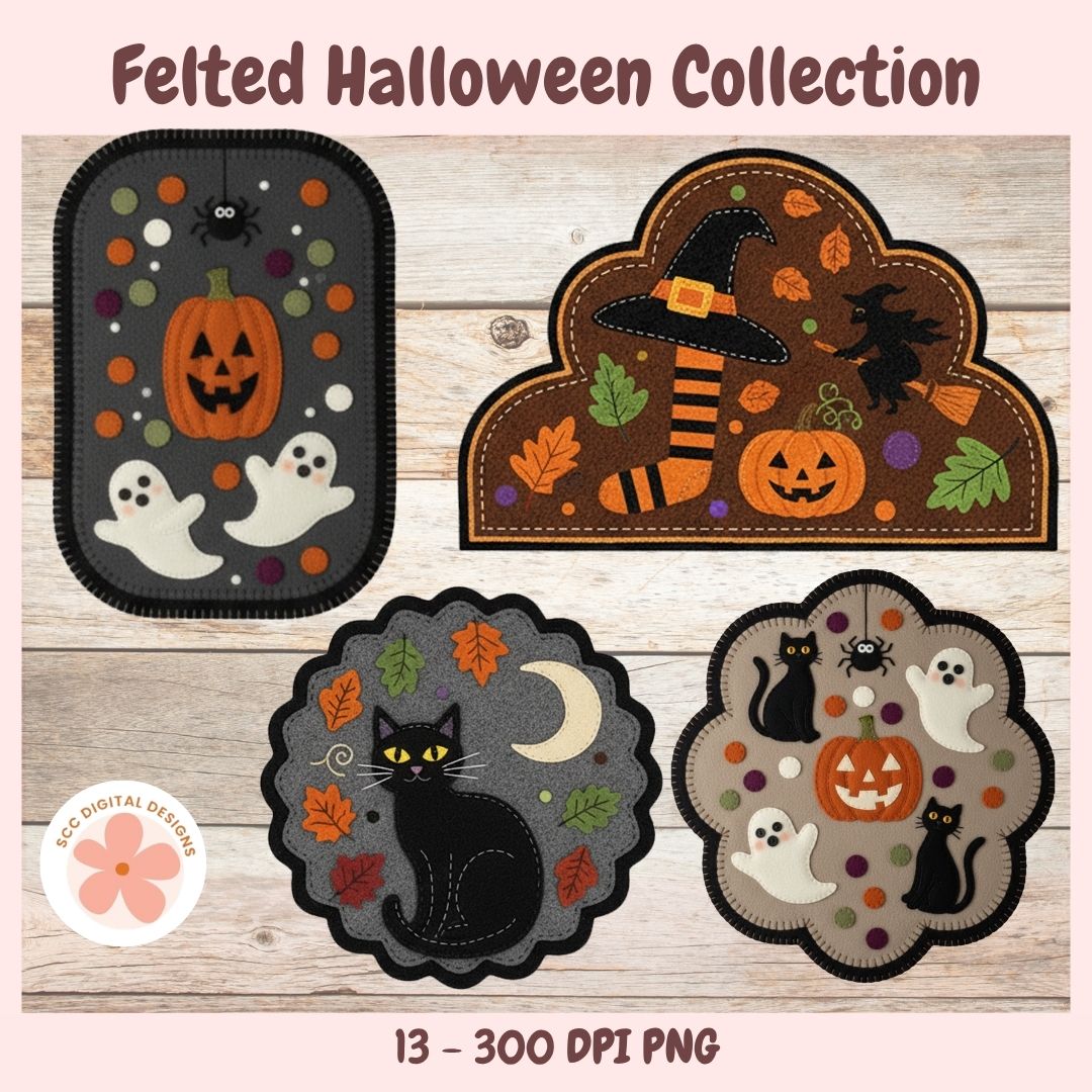 Four Halloween-themed felt patch designs displayed on a light wood background, with the text 'Felted Halloween Collection' at the top and '13 - 300 DPI PNG' at the bottom. The designs include a black tag with a jack-o'-lantern and ghosts, a brown cloud patch with a witch hat, pumpkin, and cat, a gray scalloped circle with a black cat and crescent moon, and a peach cloud patch with black cats, ghosts, and a pumpkin.