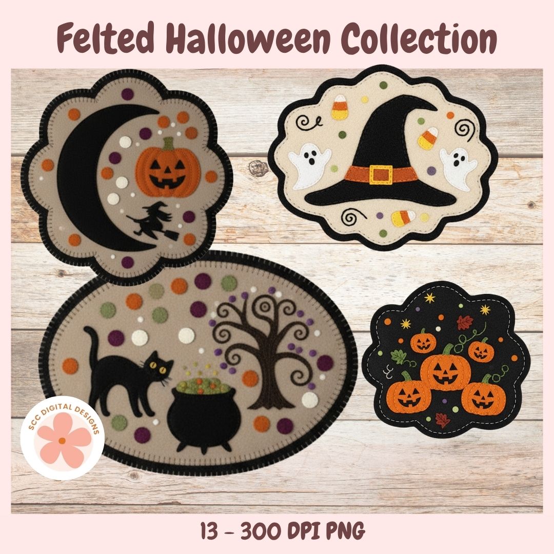 Four Halloween-themed felt patch designs displayed on a light wood background, with the text 'Felted Halloween Collection' at the top and '13 - 300 DPI PNG' at the bottom. The designs include a crescent moon with a jack-o'-lantern and witch, a witch hat with ghosts and candy, a black cat by a cauldron with a tree, and five jack-o'-lanterns on a black background.