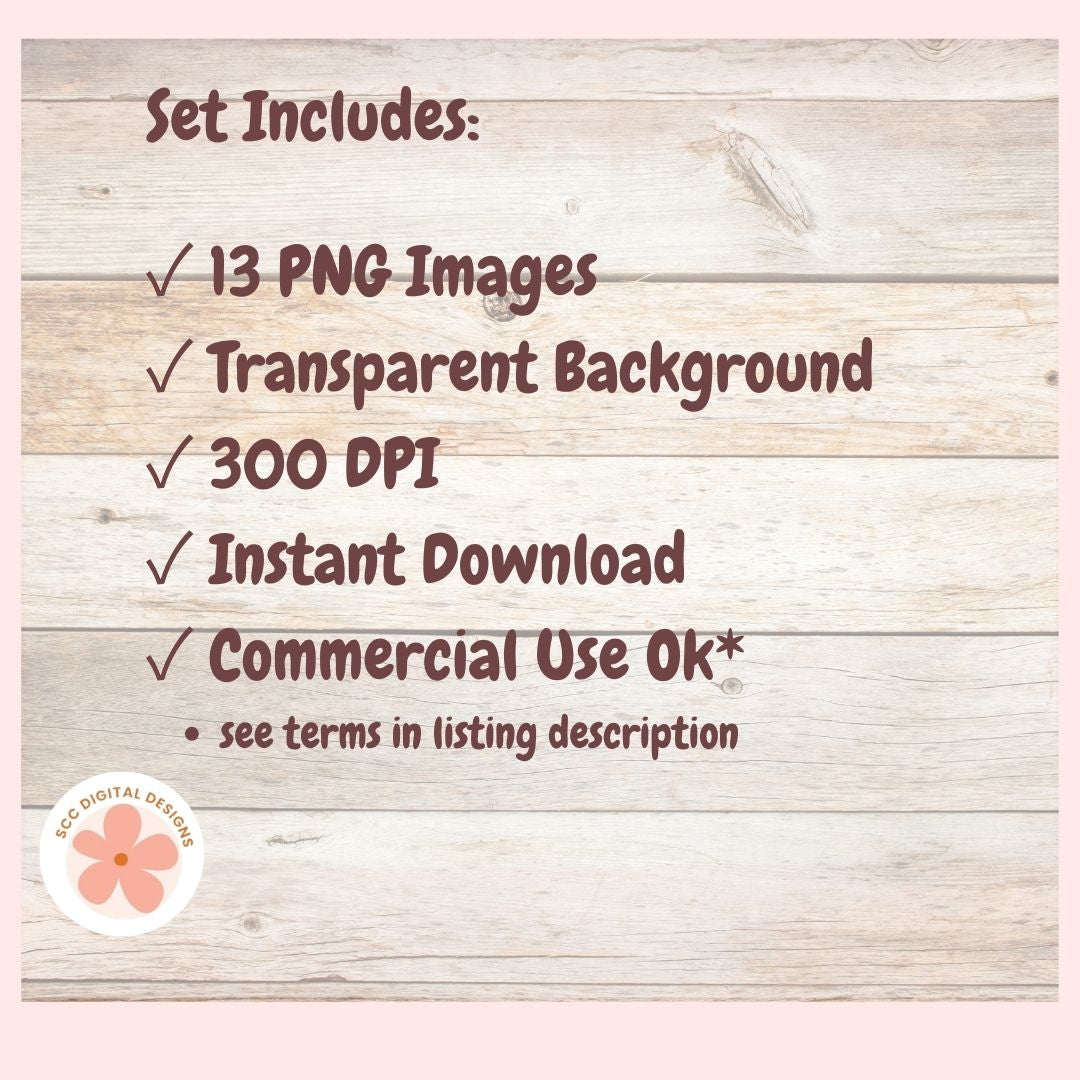 Digital listing preview graphic for a set of 13 PNG images, showing text on a light wood plank background with a pink border. The text lists included items: 13 PNG images, transparent background, 300 DPI, instant download, and commercial use ok.