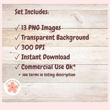 Digital listing preview graphic for a set of 13 PNG images, showing text on a light wood plank background with a pink border. The text lists included items: 13 PNG images, transparent background, 300 DPI, instant download, and commercial use ok.