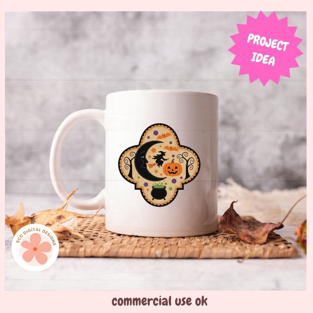 A white ceramic mug with a colorful Halloween-themed decorative label featuring a crescent moon, witch, bat, pumpkin, and cauldron. The mug is styled on a woven placemat with autumn leaves against a gray wood-textured background, with 'PROJECT IDEA' and 'commercial use ok' text overlays.