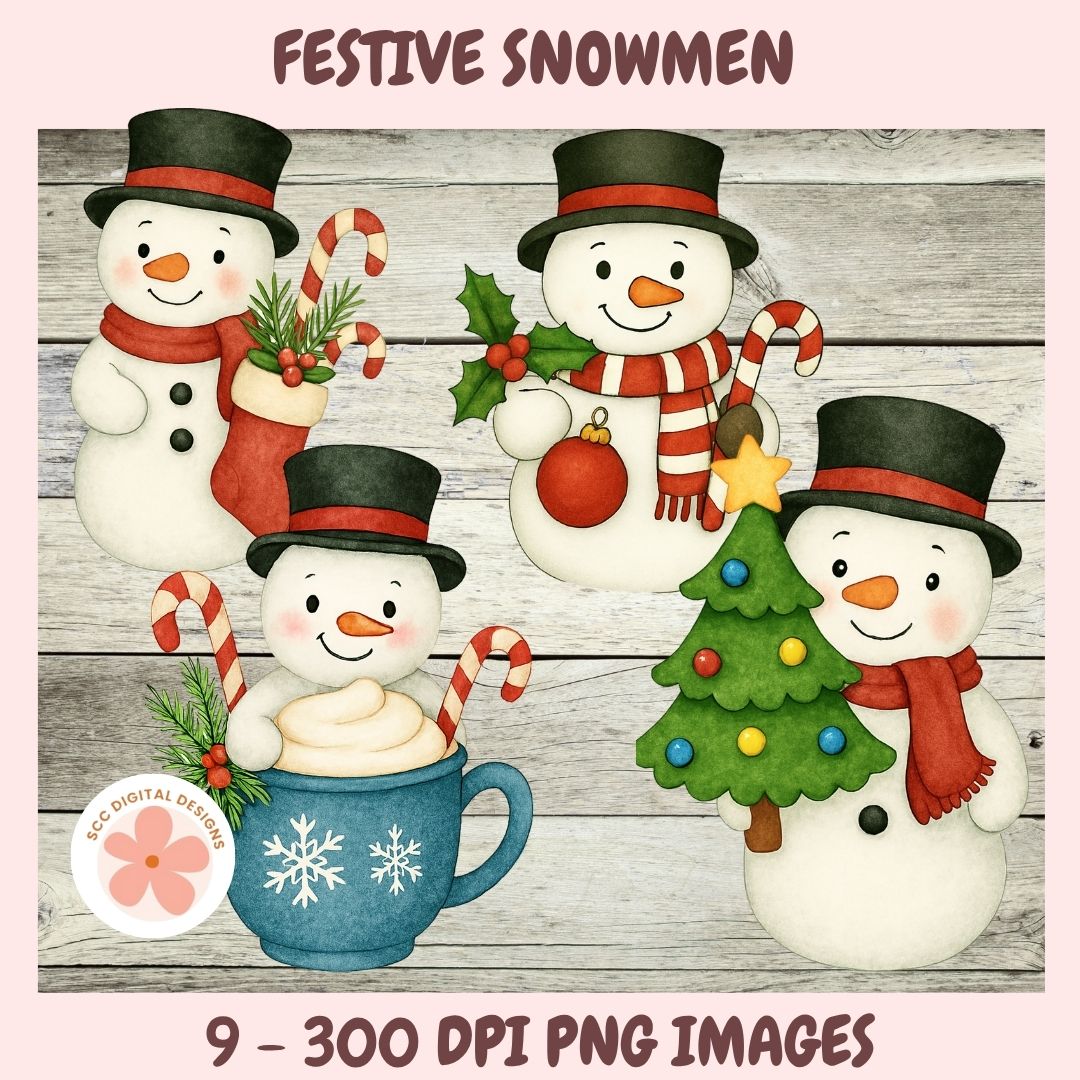 Festive snowmen digital clipart set featuring four cartoon snowmen designs on a rustic wood background, with text reading 'Festive Snowmen' and '9 - 300 DPI PNG IMAGES'.