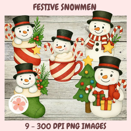 A festive Christmas clipart set featuring four snowman illustrations in holiday poses on a light wood plank background. The snowmen wear black top hats with red bands and are styled with red-and-white striped stockings, candy canes, a mug of hot cocoa with whipped cream, a small decorated Christmas tree, wrapped gifts, and evergreen branches.