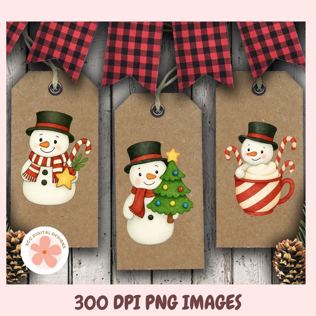 Three Christmas-themed kraft paper hang tags with illustrated snowmen, red plaid bunting, pinecones, and the text '300 DPI PNG IMAGES' on a rustic wood background.