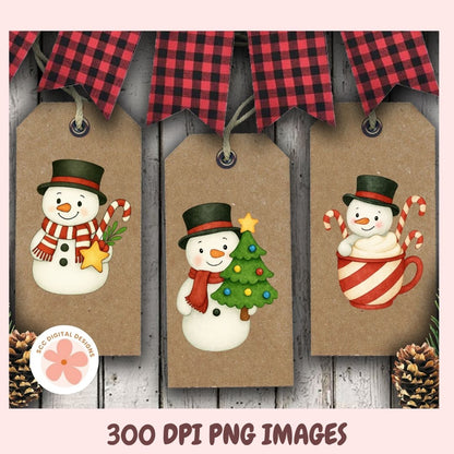 Three Christmas-themed kraft paper hang tags with illustrated snowmen, red plaid bunting, pinecones, and the text '300 DPI PNG IMAGES' on a rustic wood background.