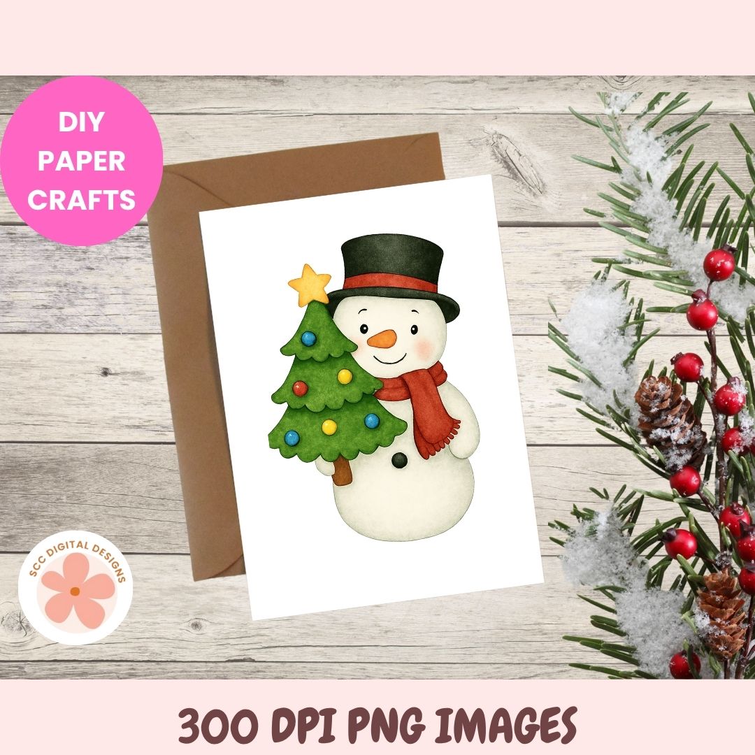 A holiday card design featuring a smiling snowman wearing a black top hat and red scarf, holding a green Christmas tree with colorful ornaments. The card is shown with a brown envelope on a light wood background, with decorative evergreen branches and red berries at the right edge.