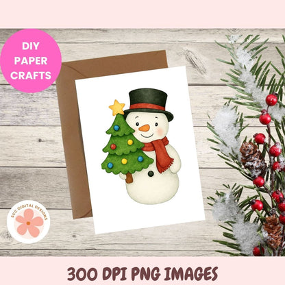 A holiday card design featuring a smiling snowman wearing a black top hat and red scarf, holding a green Christmas tree with colorful ornaments. The card is shown with a brown envelope on a light wood background, with decorative evergreen branches and red berries at the right edge.