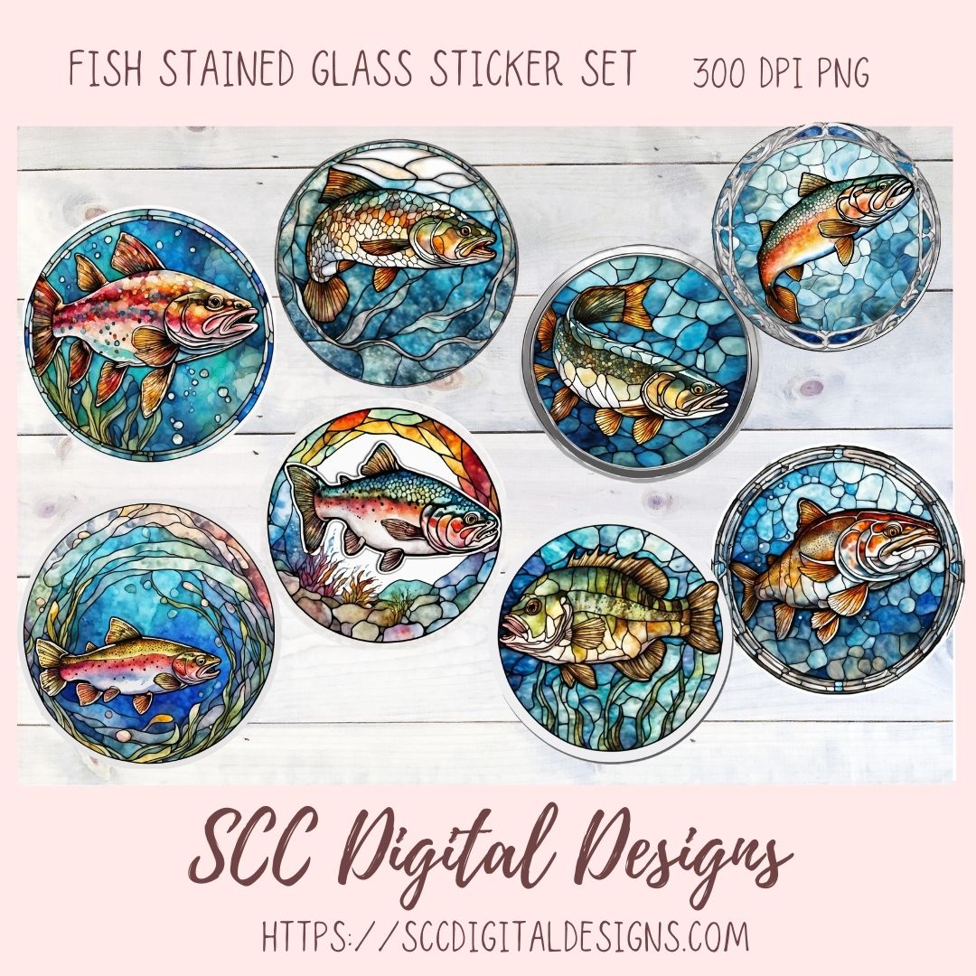 Stained Glass PNG Sticker Pack for Digital and Printable Planners, Journals, Scrapbooking, Fish Car Decals, Instant Download Pre-Cropped Goodnotes Compatible PNG Images