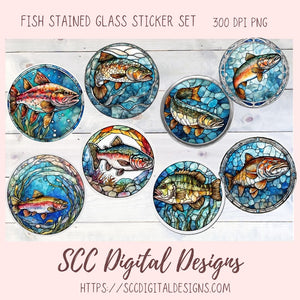 Stained Glass PNG Sticker Pack for Digital and Printable Planners, Journals, Scrapbooking, Fish Car Decals, Instant Download Pre-Cropped Goodnotes Compatible PNG Images