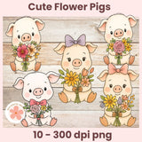 Cute Pig Clipart PNG, Pastel Floral Piglet Illustration, Spring Flowers Farm Animal Clip Art for Nursery Wall Art, Stickers, Kids Shirts & Paper Crafting
