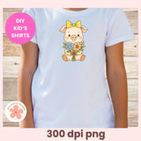 White t-shirt with a pig graphic and flowers on a wooden background, labeled 'DIY Kids' Shirts'.