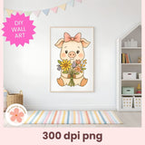 Cartoon pig with flowers in a frame on a wall with 'DIY Wall Art' text and '300 dpi png' text.