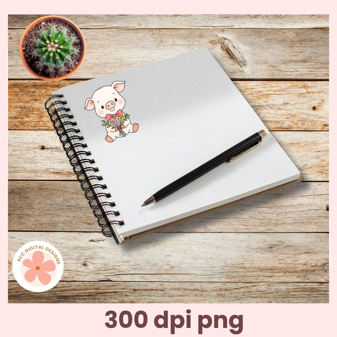 Notebook with a pig illustration, pen, and small plant on a wooden surface