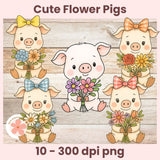 Illustration of four pigs with flowers on a wooden background, labeled 'Cute Flower Pigs'.