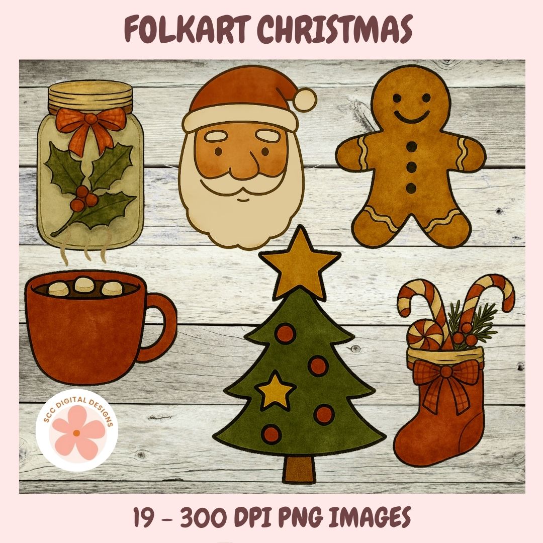 Folkart Christmas illustrations including a jar, Santa face, gingerbread man, mug of hot chocolate, tree, and stocking on a wooden background.