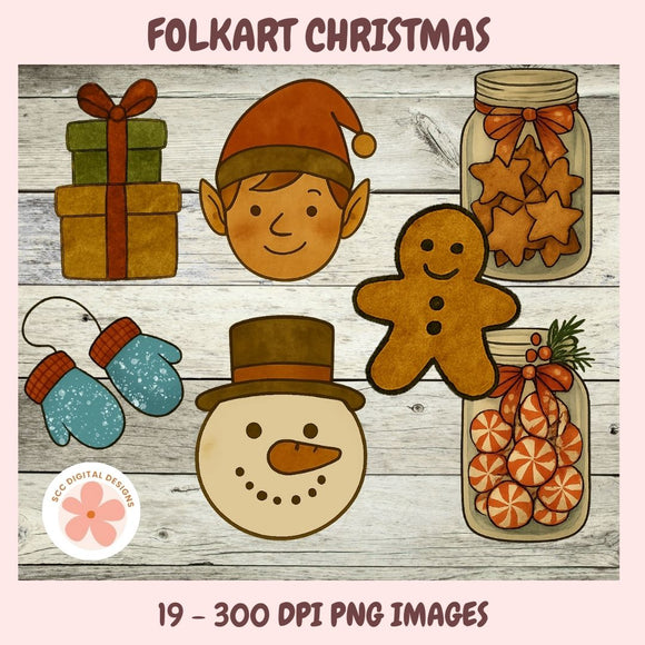 Folkart Christmas illustrations including an elf, gingerbread man, snowman, and jars with cookies on a wooden background.