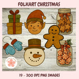 Folkart Christmas illustrations including an elf, gingerbread man, snowman, and jars with cookies on a wooden background.