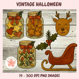 Vintage Halloween-themed illustration with jars, cookies, a reindeer head, and a sleigh on a wooden background.