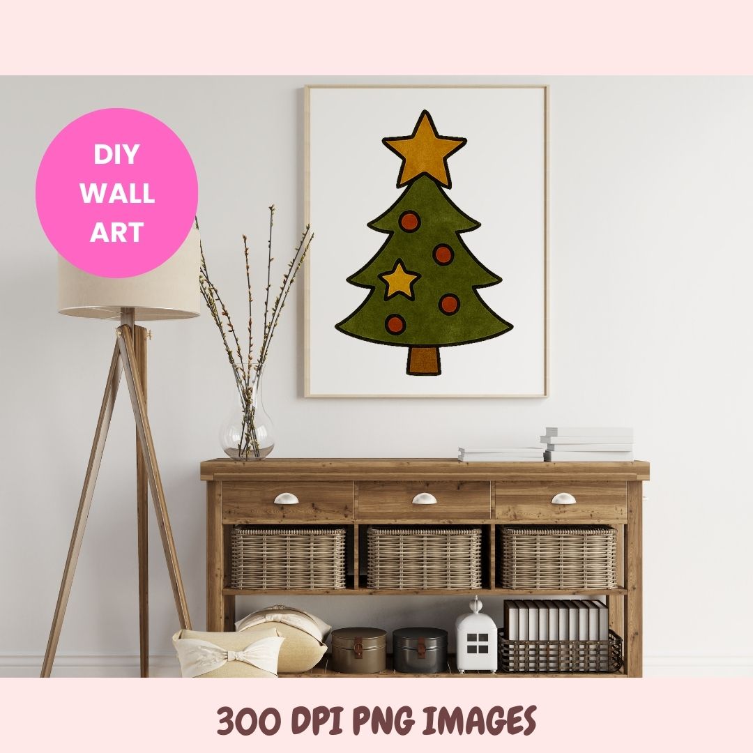 Framed Christmas tree artwork on a wall above a wooden console table.