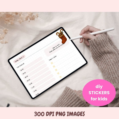 Person using a stylus on a tablet with a sticker, on a soft fabric background.