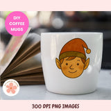 White coffee mug with an elf design on a blurred background