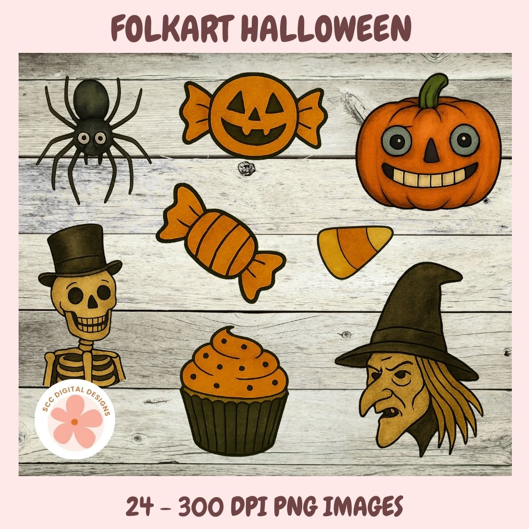 Set of Halloween-themed illustrations including a spider, pumpkin, candy, skeleton, witch, and cupcake on a wooden background.
