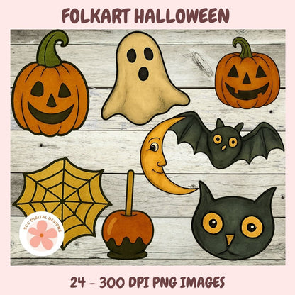 Set of Halloween-themed illustrations including pumpkins, ghosts, bats, and a cat on a wooden background.