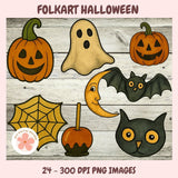 Set of Halloween-themed illustrations including pumpkins, ghosts, bats, and a cat on a wooden background.