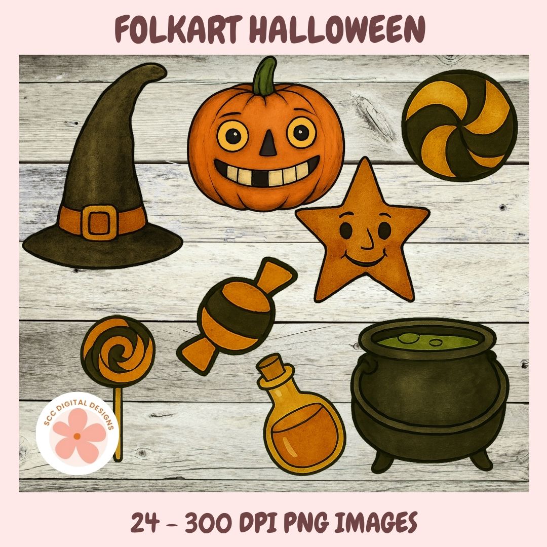 Halloween-themed illustrations including a pumpkin, witch hat, candy, and cauldron on a wooden background.