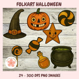 Halloween-themed illustrations including a pumpkin, witch hat, candy, and cauldron on a wooden background.