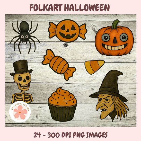 Set of Halloween-themed illustrations including a spider, pumpkin, candy, skeleton, witch, and cupcake on a wooden background.