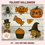 Set of Halloween-themed illustrations including a spider, pumpkin, candy, skeleton, witch, and cupcake on a wooden background.