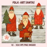 Folk-art style illustration of Santa Claus with a reindeer and Christmas tree on a wooden background.