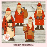 Set of Christmas-themed illustrations including Santa Claus, a snowman, and a reindeer on a wooden background.